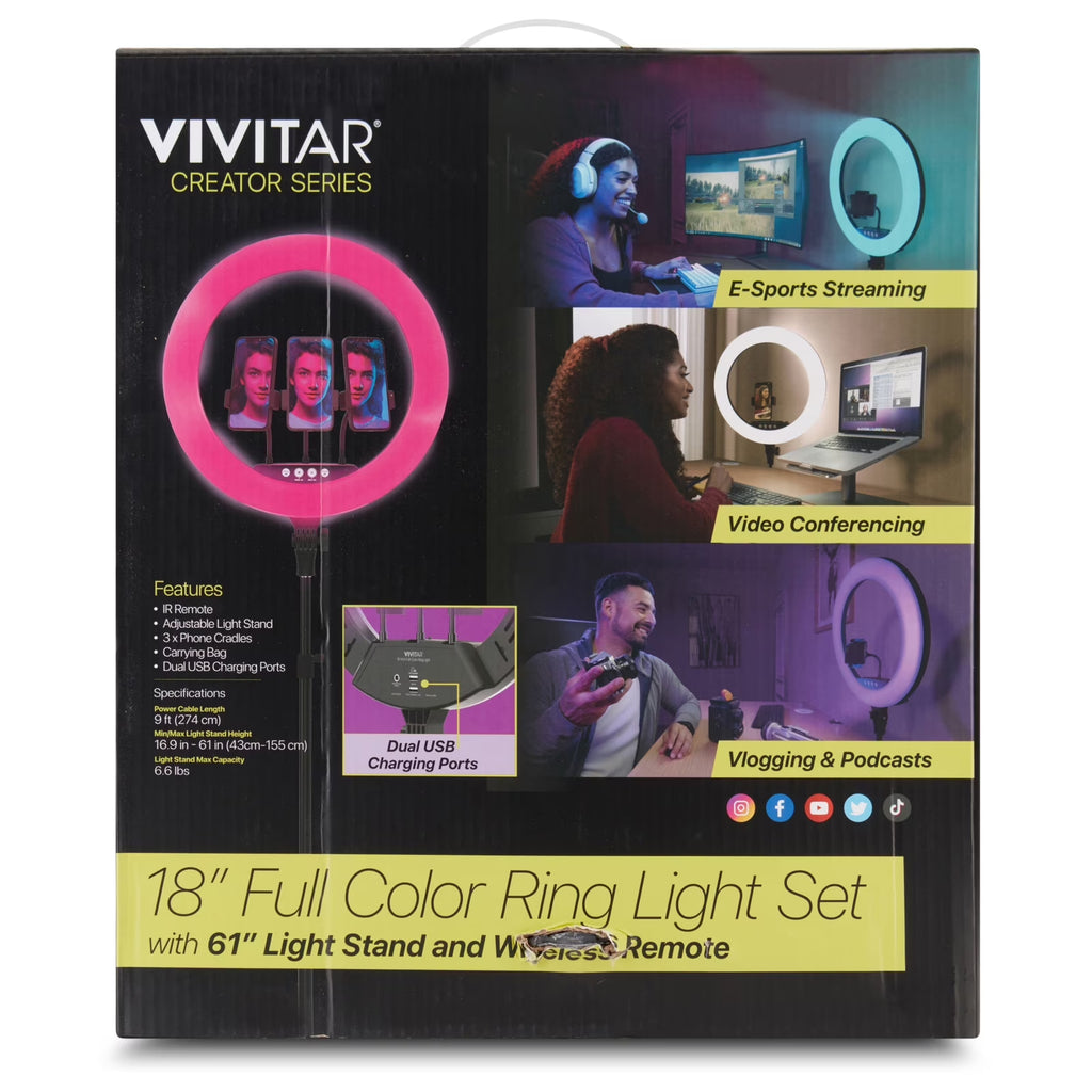 18-Inch RGB LED Ring Light with Tripod, Phone Holder, USB Charging Ports, and Wireless Remote Control