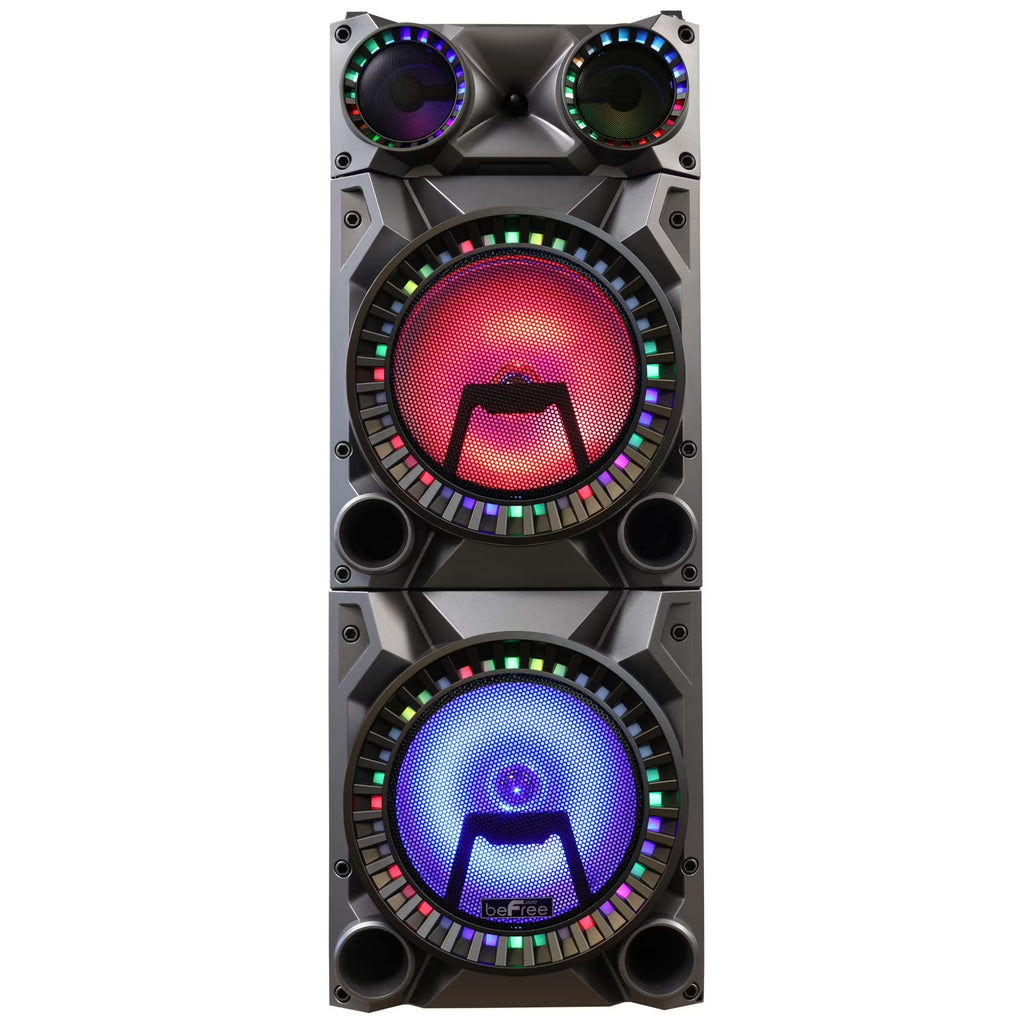 Rechargeable Bluetooth 12-Inch Dual Subwoofer Portable Party Speaker with Dual Layer Reactive Lights, USB, SD, AUX Inputs, and FM Radio