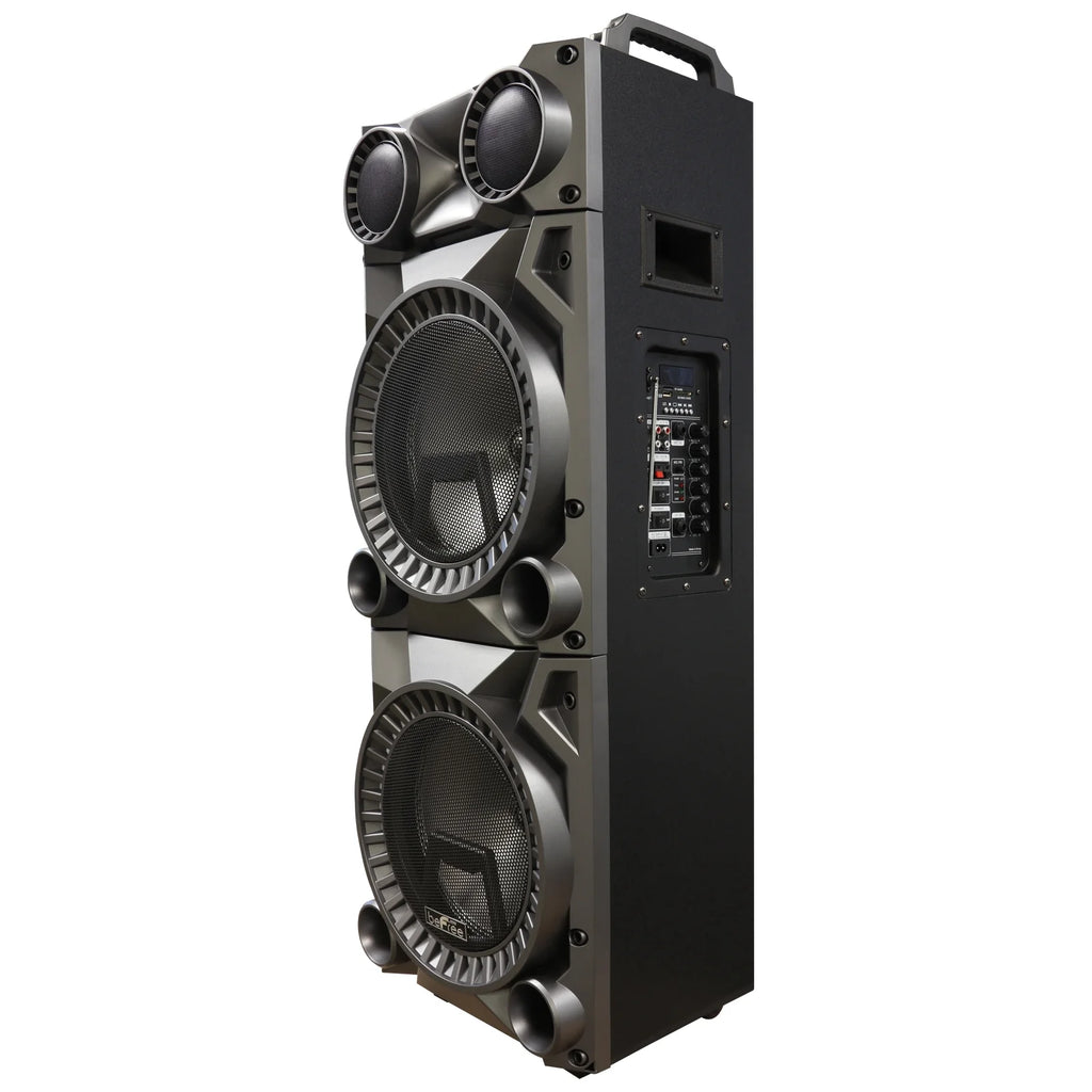 Rechargeable Bluetooth 12-Inch Dual Subwoofer Portable Party Speaker with Dual Layer Reactive Lights, USB, SD, AUX Inputs, and FM Radio