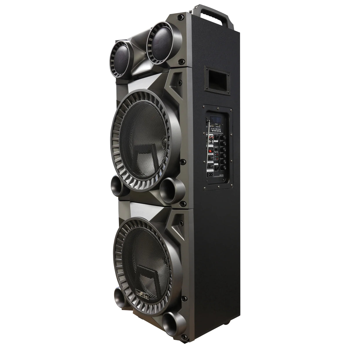 Rechargeable Bluetooth 12-Inch Dual Subwoofer Portable Party Speaker with Dual Layer Reactive Lights, USB, SD, AUX Inputs, and FM Radio