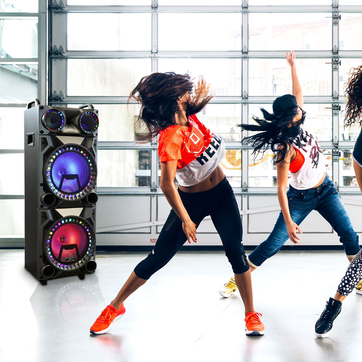Rechargeable Bluetooth 12-Inch Dual Subwoofer Portable Party Speaker with Dual Layer Reactive Lights, USB, SD, AUX Inputs, and FM Radio