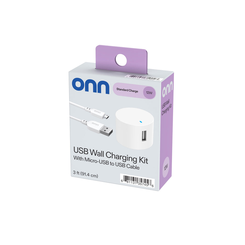 . Wall Charging Kit with 3ft Micro-USB to USB Cable, White, LED Power Indicator, Compact Travel-Friendly Design, Compatible with All Micro-USB Devices