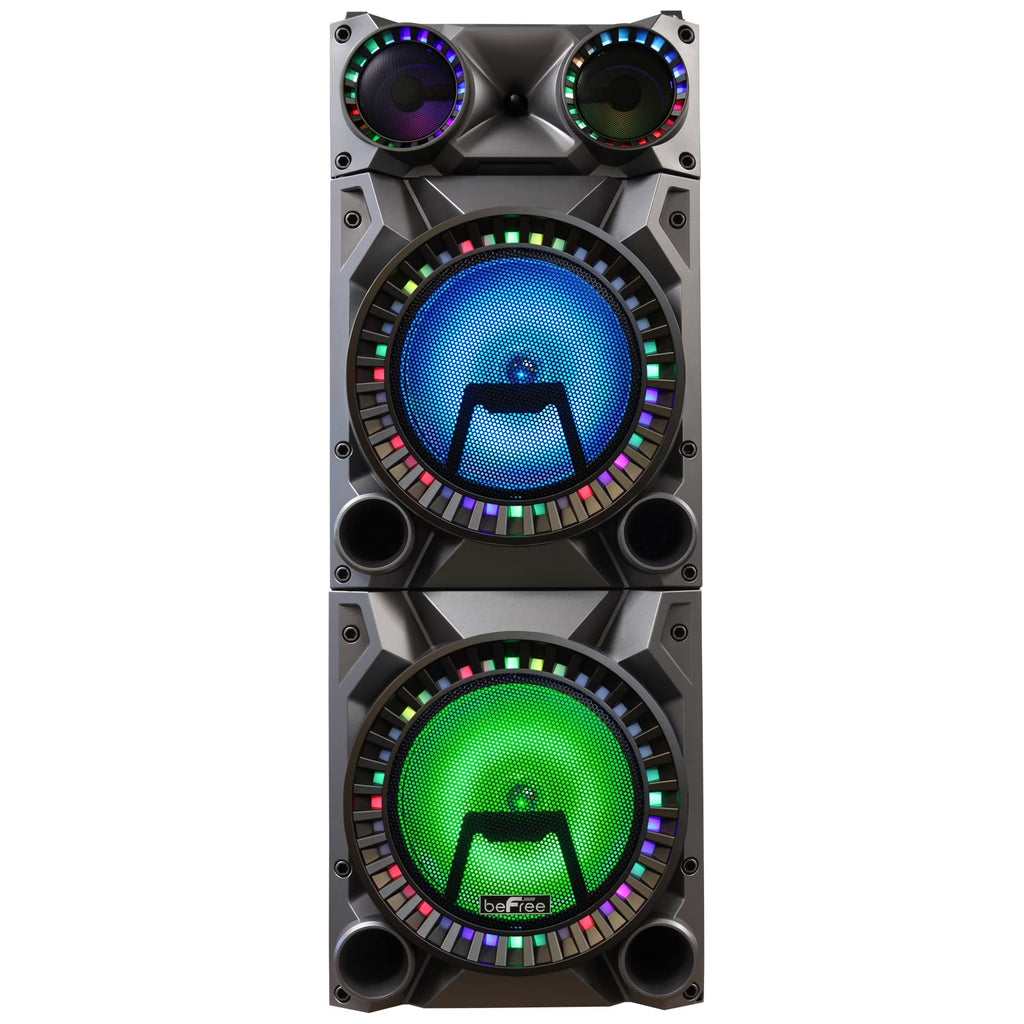 Rechargeable Bluetooth 12-Inch Dual Subwoofer Portable Party Speaker with Dual Layer Reactive Lights, USB, SD, AUX Inputs, and FM Radio
