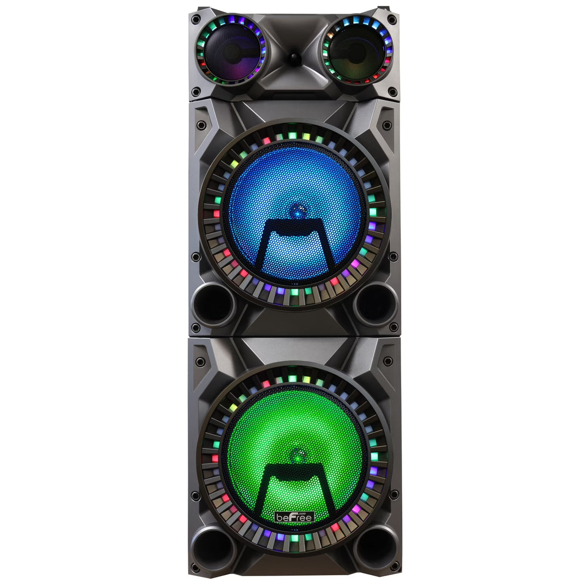 Rechargeable Bluetooth 12-Inch Dual Subwoofer Portable Party Speaker with Dual Layer Reactive Lights, USB, SD, AUX Inputs, and FM Radio