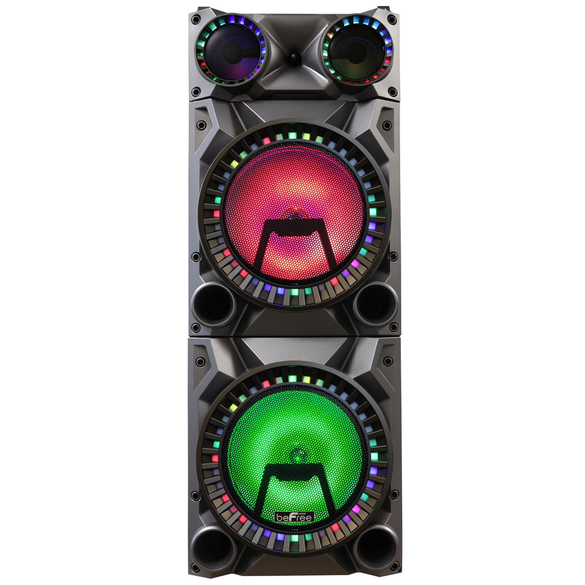Rechargeable Bluetooth 12-Inch Dual Subwoofer Portable Party Speaker with Dual Layer Reactive Lights, USB, SD, AUX Inputs, and FM Radio
