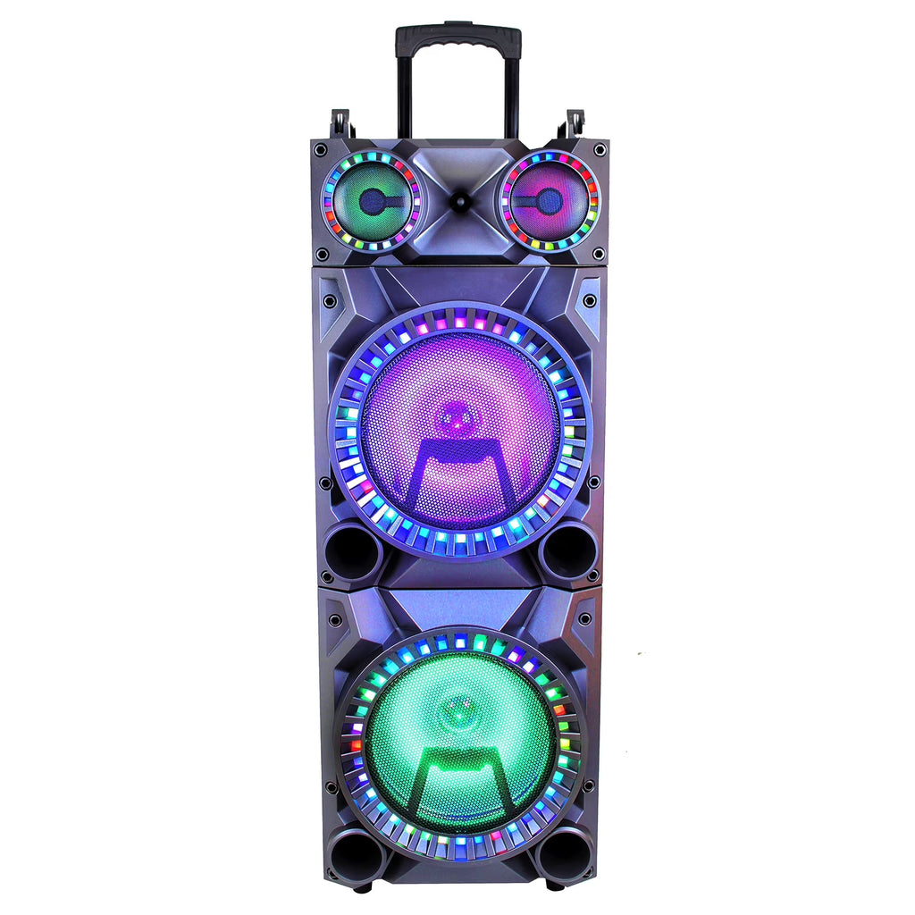 Rechargeable Bluetooth 12-Inch Dual Subwoofer Portable Party Speaker with Dual Layer Reactive Lights, USB, SD, AUX Inputs, and FM Radio