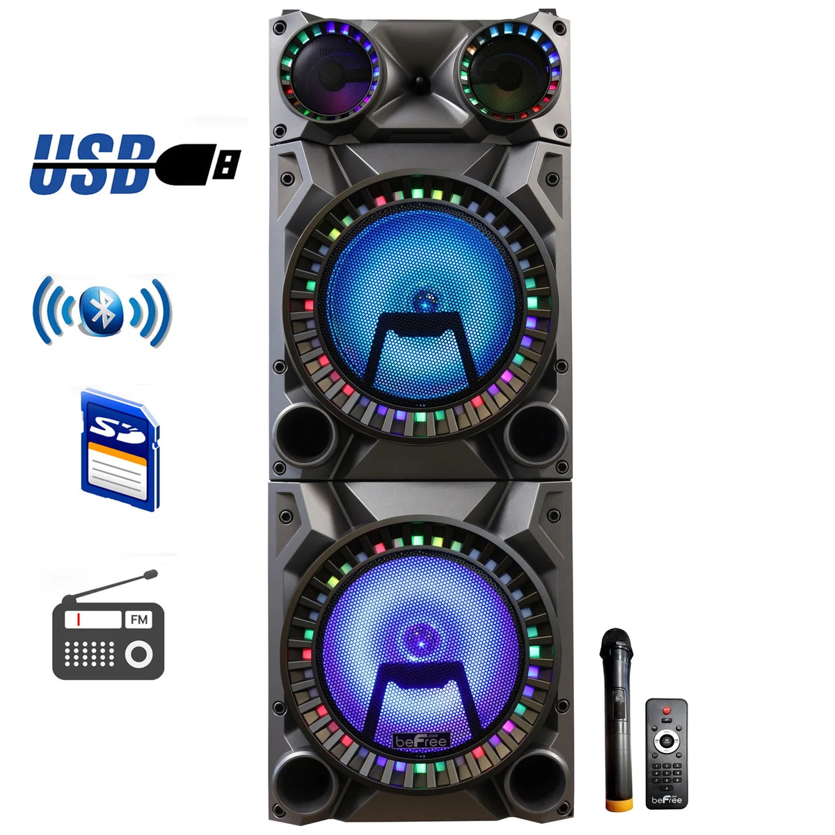 Rechargeable Bluetooth 12-Inch Dual Subwoofer Portable Party Speaker with Dual Layer Reactive Lights, USB, SD, AUX Inputs, and FM Radio