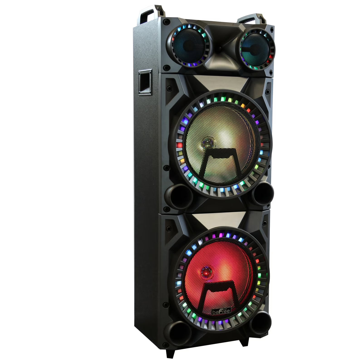 Rechargeable Bluetooth 12-Inch Dual Subwoofer Portable Party Speaker with Dual Layer Reactive Lights, USB, SD, AUX Inputs, and FM Radio