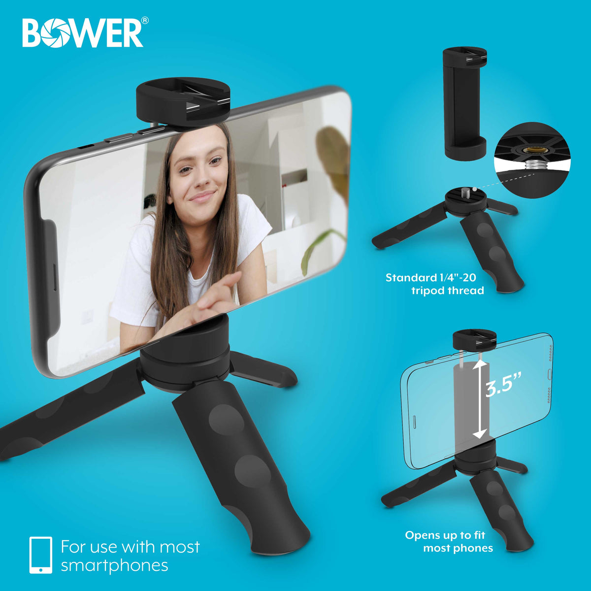 Mobile Top Grip Tripod with Cold Shoe Mount and 360-Degree Smartphone Holder, Compatible with LED Lights, Flashes, and Microphones, Black