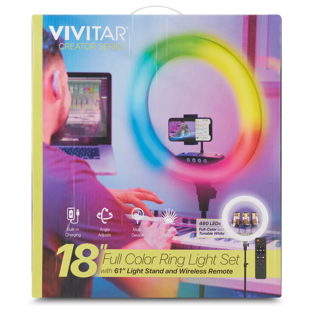 18-Inch RGB LED Ring Light with Tripod, Phone Holder, USB Charging Ports, and Wireless Remote Control