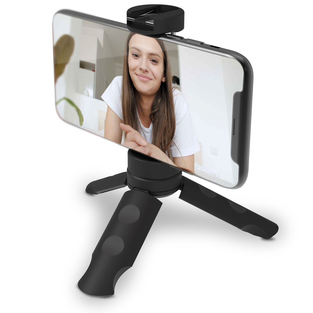Mobile Top Grip Tripod with Cold Shoe Mount and 360-Degree Smartphone Holder, Compatible with LED Lights, Flashes, and Microphones, Black