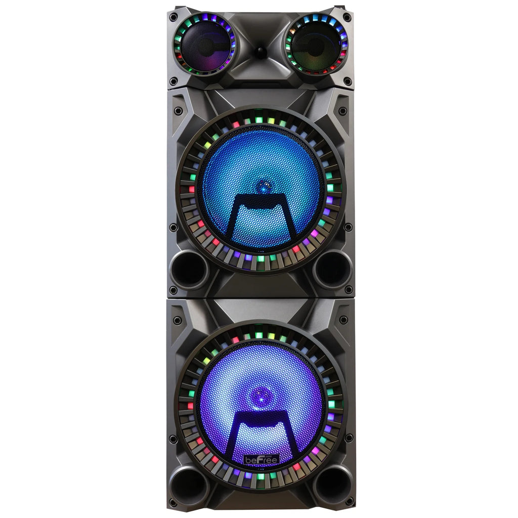 Rechargeable Bluetooth 12-Inch Dual Subwoofer Portable Party Speaker with Dual Layer Reactive Lights, USB, SD, AUX Inputs, and FM Radio