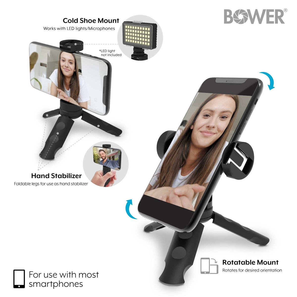 Mobile Top Grip Tripod with Cold Shoe Mount and 360-Degree Smartphone Holder, Compatible with LED Lights, Flashes, and Microphones, Black