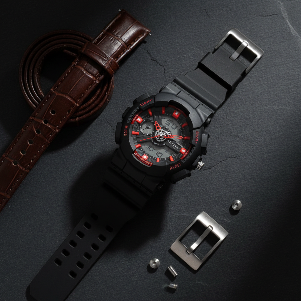 Black/red flat lay
