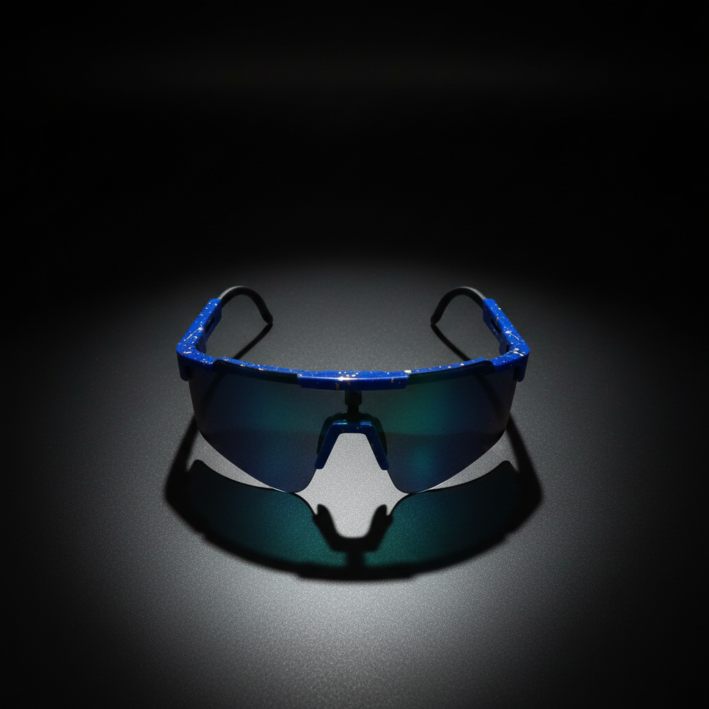 Blue Sport Sunglasses — Flat Lay