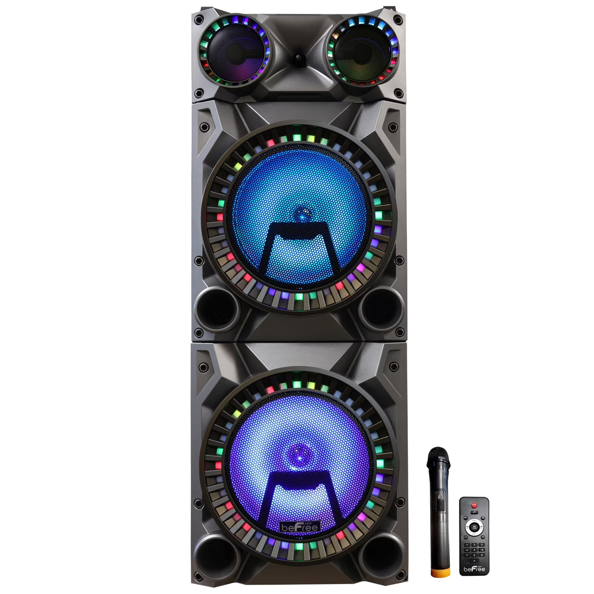 Rechargeable Bluetooth 12-Inch Dual Subwoofer Portable Party Speaker with Dual Layer Reactive Lights, USB, SD, AUX Inputs, and FM Radio