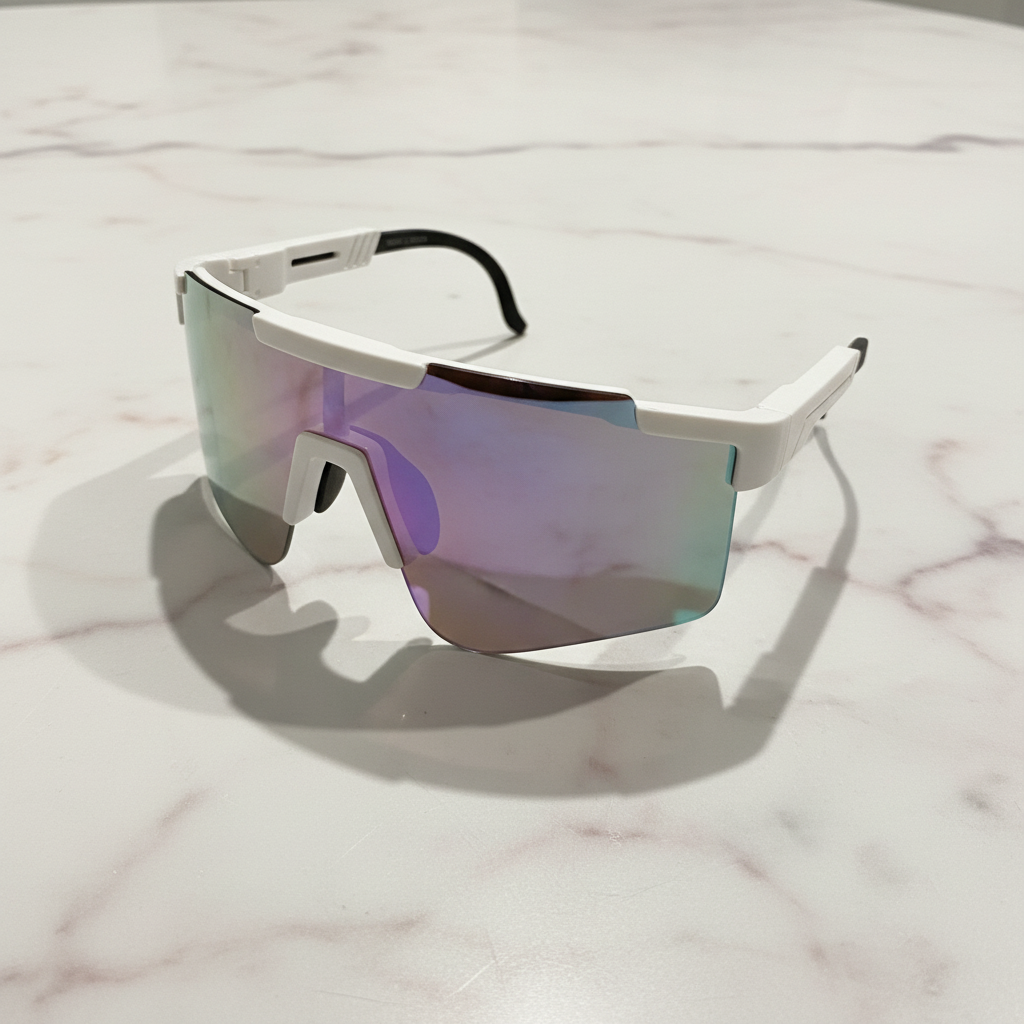 White Iridescent Sport Sunglasses — Flat Lay